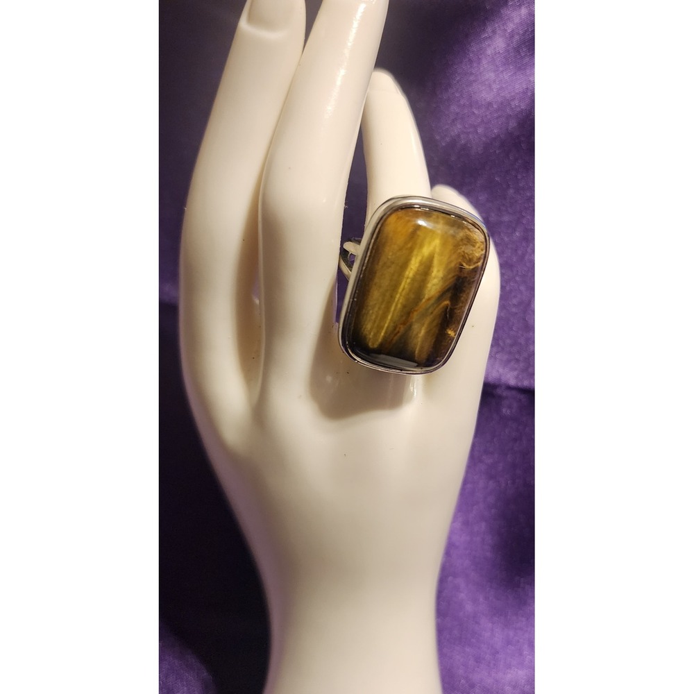 Tigers Eye Statement Ring Rectangular Cabochon Si… - image 1